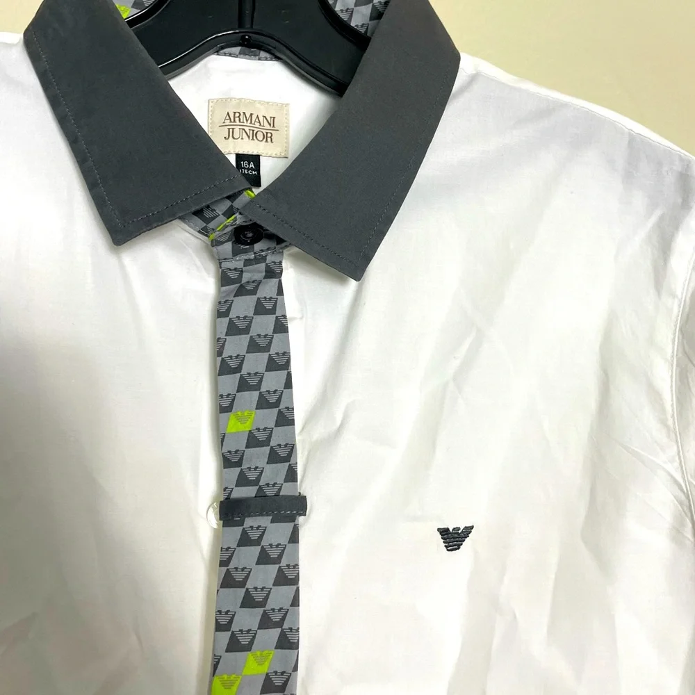 Armani Junior White Button-Down Shirt with Black Collar and Gray Patterned Tie